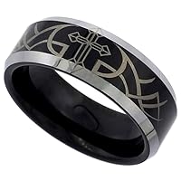 Sabrina Silver Tungsten Carbide 8 mm Flat Wedding Band Ring Etched Cross Tribal Pattern Blackened Finish, Sizes 9 to 13.5