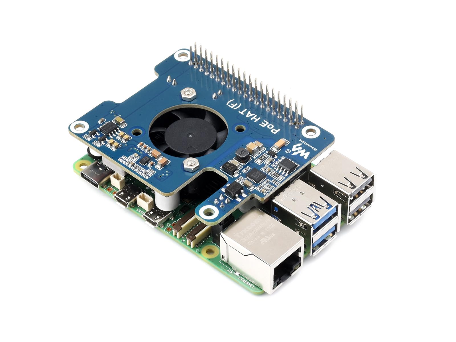 waveshare Power Over Ethernet HAT PoE HAT with Metal Heatsink for Raspberry Pi 5, Onboard Cooling Fan, Supports 802.3af/at Network, 12V and 5V Power Outputs Easy for More Peripherals