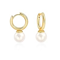 18K Gold Plated Leverback Hoop Handpicked White Shell Pearl Drop Dangle Earring for Women Minimalist Pearl Stud Ear Jewelry for Wedding Bridesmaids Gift