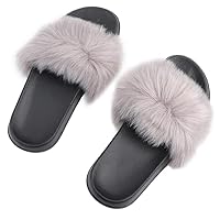Happyyami Women Faux Fur Slippers Fuzzy Slide Shoes Open Toe Cotton Fluffy Sandals for Summer Indoor Outdoor Size 6.5US,4UK,37.5EU,9.2355Inch (Black)