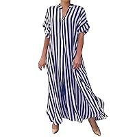 Women's Summer Dresses Fashion Side Split Stripe Cardigan Short Sleeve Dress Casual Bride Dress(Blue,4X-Large)