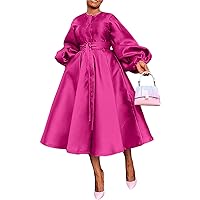 SHINFY Women Satin Dress Casual Fashion Long Sleeve Belted Button A Line Long Dresses Flowy Maxi Dress