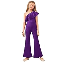 WDIRARA Girl's One Shoulder Ruffle Sleeveless Flare Bell Bottom Party Holiday Jumpsuit