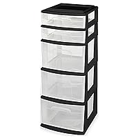 Homz Plastic 5 Clear Drawer Medium Home Organization Storage Container Tower with 3 Large Drawers and 2 Small Drawers, Black Frame