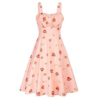 Belle Poque Women's Vintage Sleeveless Solid Floral Ruched Summer Cute A-Line Flowy Swing Midi Dress
