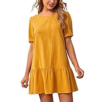 Beach Dresses for Women Cotton Linen Solid Color Round Neck Short Sleeve Casual Dress Beach Holiday Dress for