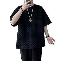 Men's Boxy T-Shirt Solid Color Round Neck Plaid Tee Top Over Size Loose Knit Short Sleeves