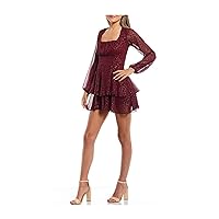 Womens Pleated Long Sleeve Square Neck Mini Party Fit + Flare Dress Juniors