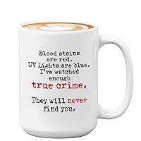 Horror Coffee Mug 15oz White - Blood Stains are Red UV Lights are Blue - Halloween Dark Humor Women Couple Men