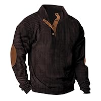 Mens Corduroy Sweatshirts Mock Neck Pullover Sweaters with Elbow Patches Lapel Collar Button Up Long Sleeve Henleys