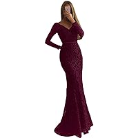 Women Long Sleeve V-Neck Lace Mermaid Mother Bridesmaid Prom Dress