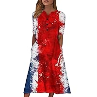 Women's Dresses 2024 Summer Casual Printed V-Neck Short Sleeve Swing Dress 4Th of July, S-2XL