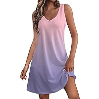Womens Summer Sundress with Pocket 2024 Trendy Gradient Color V Neck Sleeveless Mini Tank Dresses Vintage Floral Dress