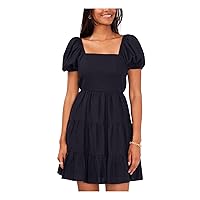 CeCe Womens Navy Open Back Tie Tiered Skirt Pouf Sleeve Square Neck Short Party Fit + Flare Dress M