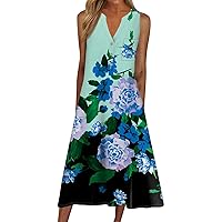 Women's Summer Dress Casual Print V-Neck Sleeveless Beach Swing Dress Bohemian Dresses for Women 2024