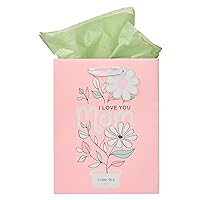 Christian Art Gifts Medium Portrait Inspirational Scripture Gift Bag, Tag & Wrapping Tissue Paper Set for Mothers: I Love You, Cute Pink & White Glossy Floral Design for Women, Satin Ribbon Handles