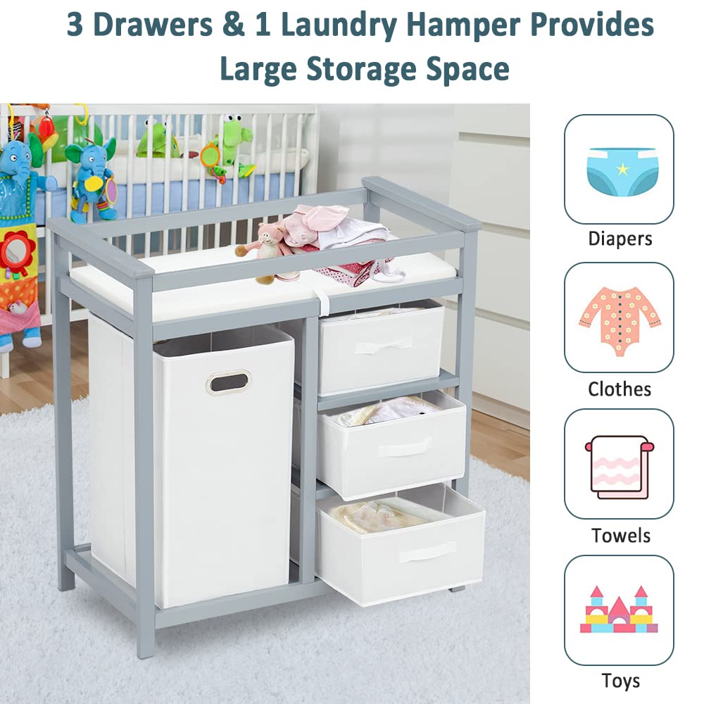 FIZZEEY Changing Table - Baby Changing Table, Diaper Changing Table, Changing Table Station Dresser with Laundry Hamper, 3 Drawer Basket and Changing Pad, Grey