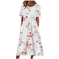 Womens Summer Dress Floral Print Short Sleeve T Shirt Dress with Pockets High Waist Casual Loose Swing Beach Midi Dress
