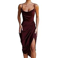 Women's Sexy Thigh High Split Backless Spaghetti Strap Midi Dress Satin Solid Color Irregular Hem Evening Dress