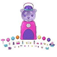 Polly Pocket Travel Toy, Gumball Bear Playset with 2 Micro Dolls and 26 Surprise Accessories, Animal Toy Compact