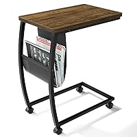 Side Table, C Shaped End Table with Storage Pocket and Rolling Wheels for Laptop Coffee Snack, Light Walnut