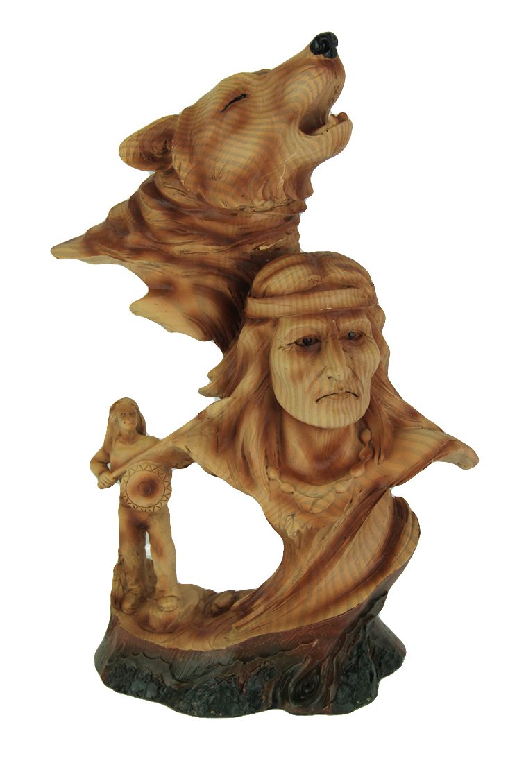 Everspring Import Company Howling Wolf with Native American Warrior Carved Wood Look Bust Statue
