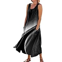 Dresses for Women 2024 Women's Casual Comfort Vintage Geometric Line Print Sleeveless with Pocket Maxi Bodycon Dresses
