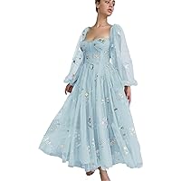 Women's Flower Embroidered Tulle Ball Gowns Fluffy Sleeves A-line Long Evening Party Dress