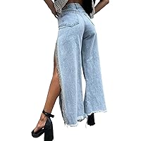 Women High Waisted Jeans Straight Wide Leg Pants with Rhinestone Fringe Trim Split On The Side