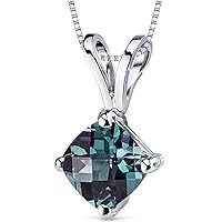 PEORA 14K White Gold Created Alexandrite Pendant for Women, Color-Changing Classic Solitaire, 1 Carat Cushion Cut 6mm AAA Grade