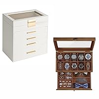 10 Slots Wooden Watch Box and Jewelry Box, 2-Tier Watch Display Case for Large Dial Watches, Christmas Gifts, Watch Jewelry Box Organizer with Glass Lid, Large Capacity