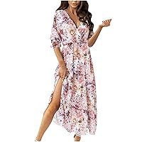 Women's Bohemian V-Neck Trendy Glamorous Short Sleeve Long Beach Print Swing Dress Casual Loose-Fitting Summer Flowy Pink