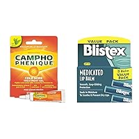 Campho-Phenique Cold Sore Treatment 0.23 Oz and Blistex Medicated Lip Balm 0.15 Ounce 3 Count for Instant Pain Relief, Promotes Healing, Prevents Infection, Dryness and Chapping