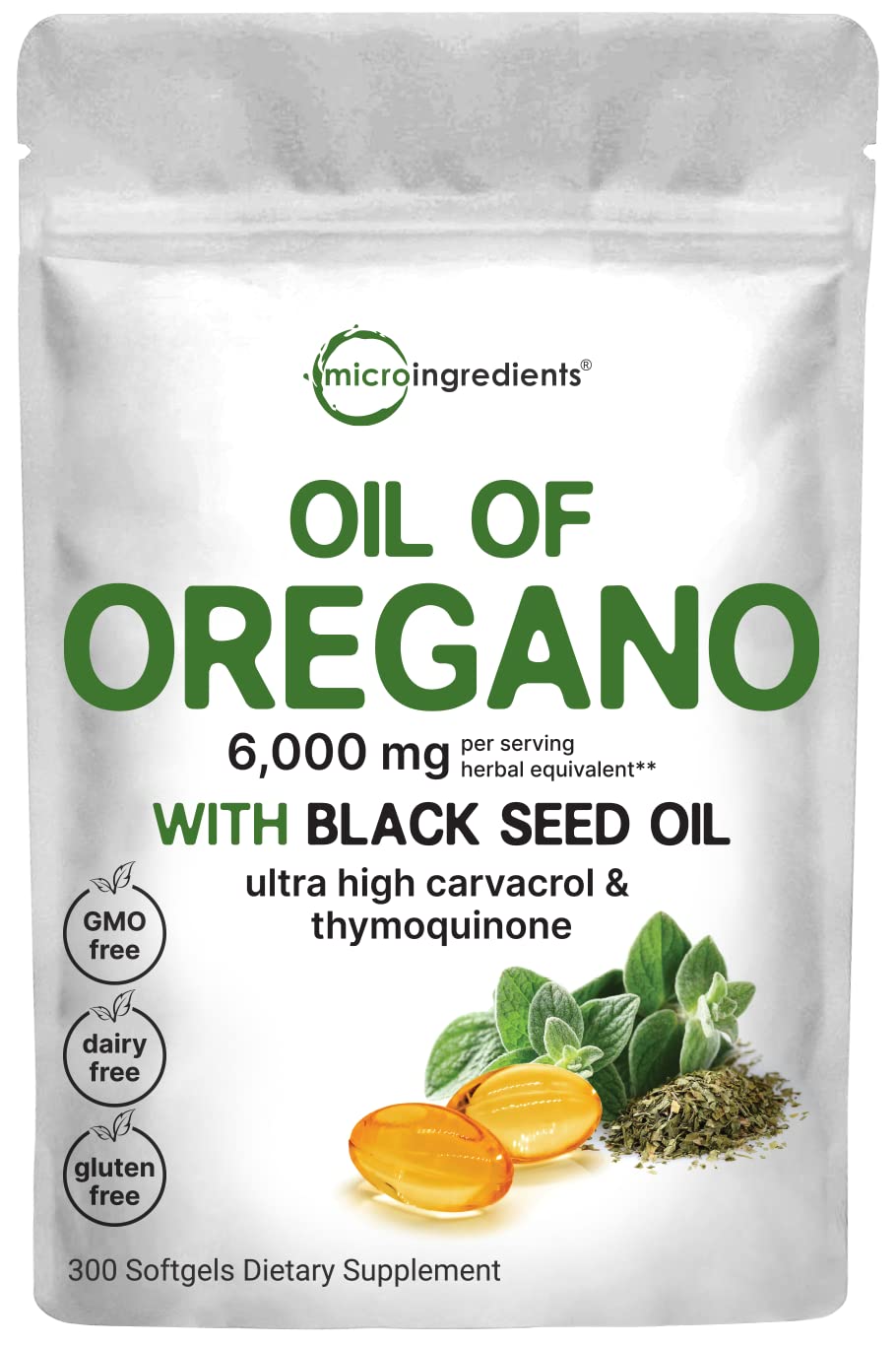 Micro Ingredients Oil of Oregano Softgels 6000mg Per Serving, 300 Count | with Black Seed Oil, 4X Strength Carvacrol & Thymoquinone | Plant Based, Non-GMO | Antioxidant & Immune Support