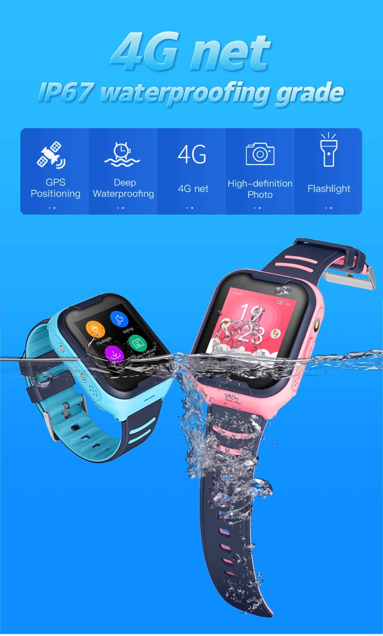 Laxcido Waterproof GPS Smart Watch, 4G Video Phone Call Real-time Tracking Camera SOS Alarm Geo-Fence Touch Screen Monitoring Health Steps Flashlight Anti-Lost GPS Tracker Watch (Blue)