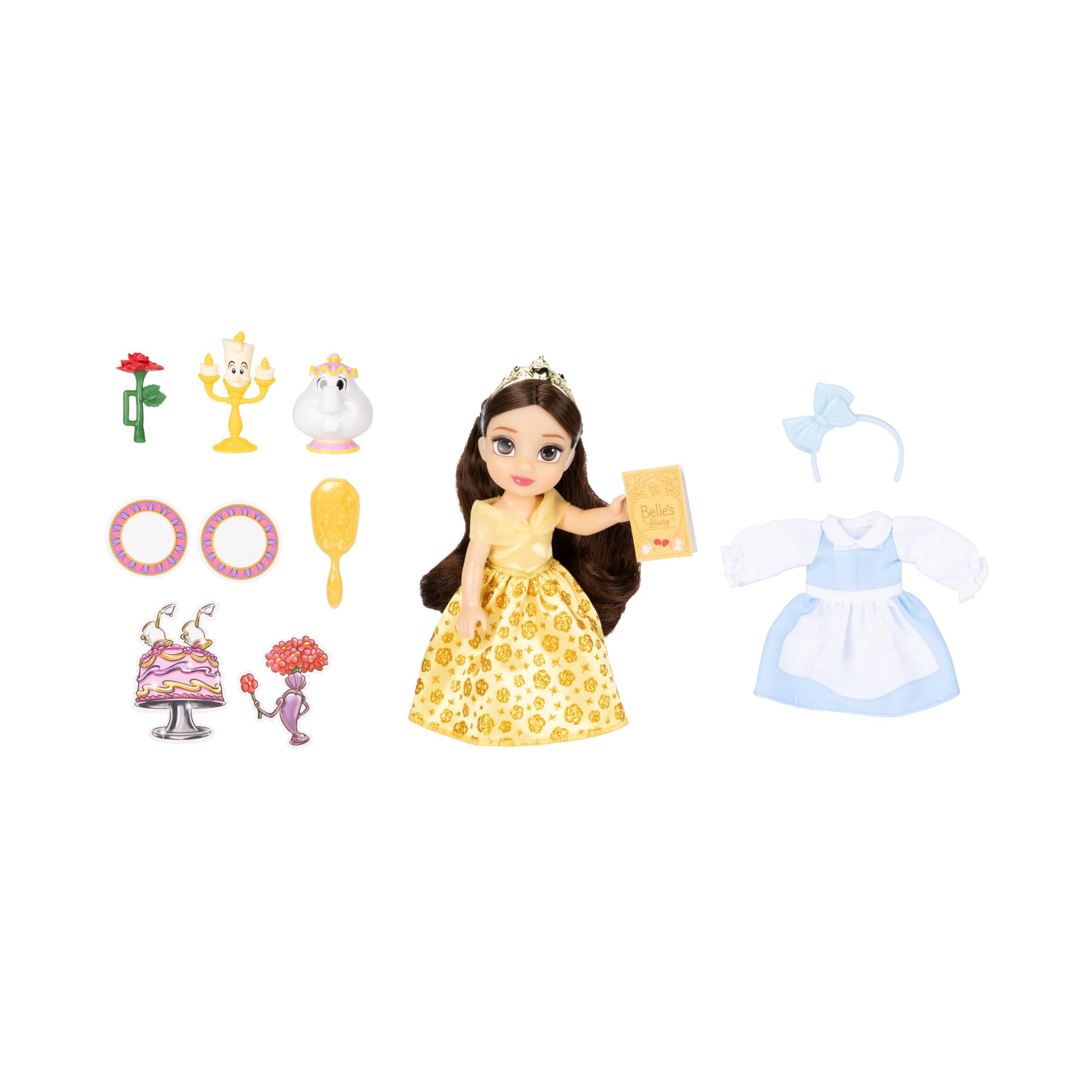 Disney Princess Belle Doll Be Our Guest Petite Belle Doll with Mrs. Potts & Lumiere, in Yellow Ball Gown and Blue Village Dress Fashions