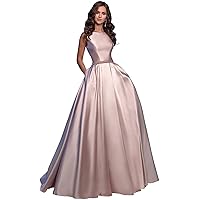 Women's Prom Dress Satin Ruched A Line Beaded Floor Length Formal Evening Gown with Pockets