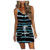 Sundresses for Women Casual 2024 Summer Trendy Sleeveless Mini Dress Striped Print Spaghetti Strap Drawstring Short Dresses
