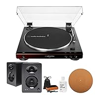 Audio-Technica AT-LP60X Turntable Brown and 3-Inch Powered Studio Monitors Pair (Black) Bundle (4 Items)