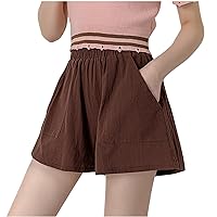 Cotton Linen Wide Leg Shorts for Womens Sumemr High Waisted Basic Casual Shorts with Pockets Drawstring Waist Plain Shorts