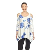 white mark Women's Floral 3/4 Sleeve Cold Shoulder Tunic Top with Pockets