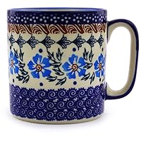 Authentic Polish Pottery Mug 12 oz in Blue Cornflower Design Handmade in Bolesławiec Poland by Ceramika Bona + Certificate of Authenticity