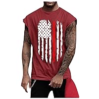 Work-Out Boho Sleeveless Tee Shirt Mens Summer Plus Size Cotton Crew Neck Ruffle T Shirt Lightweight Loose Fit Patriotic Tank Men Red