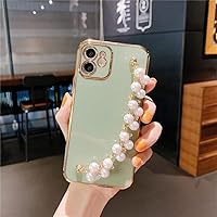 Luxury Plating Pearl Bracelet Chain Soft Case for iPhone 15 13 14 12 Pro Max 11 XS X XR 7 8 Plus Mini SE Glitter Silicone Cover,Light Green,for iPhone 15