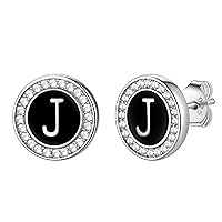FindChic Sterling Silver Initial Letter Round Stud Earrings with Cubic Zirconia Diamonds Allergy Free Black Alphabet A to Z Capital Studs, with Gift Box