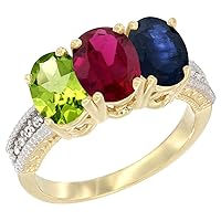 10K Yellow Gold Natural Peridot, Enhanced Ruby & Blue Sapphire Ring 3-Stone Oval 7x5 mm, Sizes 5-10