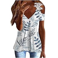 Plus Size Women Lace Cold Shoulder T-Shirts Summer Floral Print V Neck Short Sleeve Tops Fashion Comfy Tunic Shirts