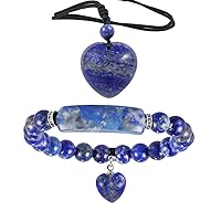 TUMBEELLUWA Healing Lapis Lazuli Crystal Stone Heart Charm Jewelry Set Crystal Energy Stretch Bracelet and Adjustable Carved Stone Heart Shape Pendant Necklace