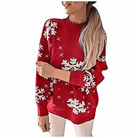 Womens Christmas Fleece Sweater Snowflake High Neck Long Sleeve Blouse Wintertime Loose Pullover Sweater