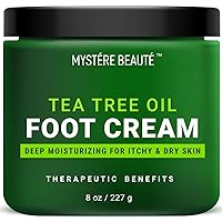 MYSTÉRE BEAUTÉ Tea Tree Oil Foot Cream, Athletes Tea Tree Oil Cream For Feet with Ceramides, Green Tea Extract & Chamomile- Hydrates, Softens & Conditions Irritated Dry Cracked Feet, Foot Cream With Tea Tree Oil for Dry Feet, Heel & Calluses - 8 oz